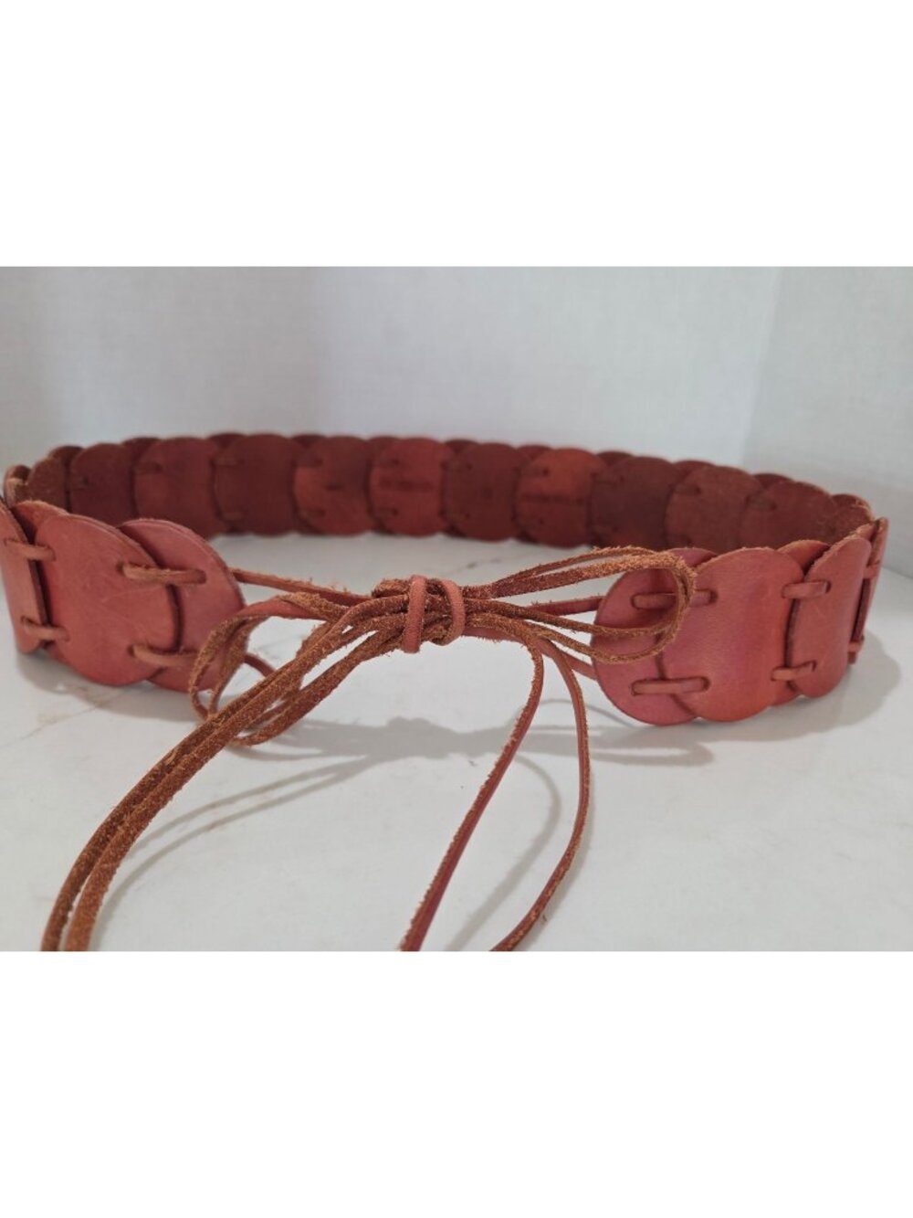 Vtg Fossil Genuine Leather Linked Disc Belt Sz L Boho Western Tie‎ Closure Brown